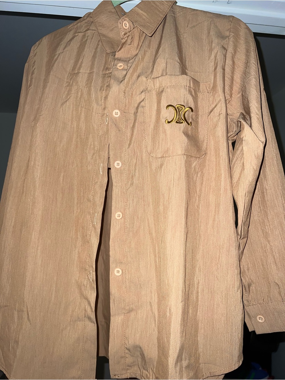 Embroidered Logo Button-Up Shirt Set in Camel